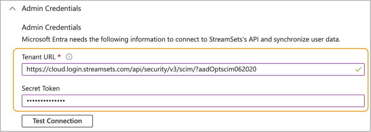 Configured properties in the Admin Credentials section