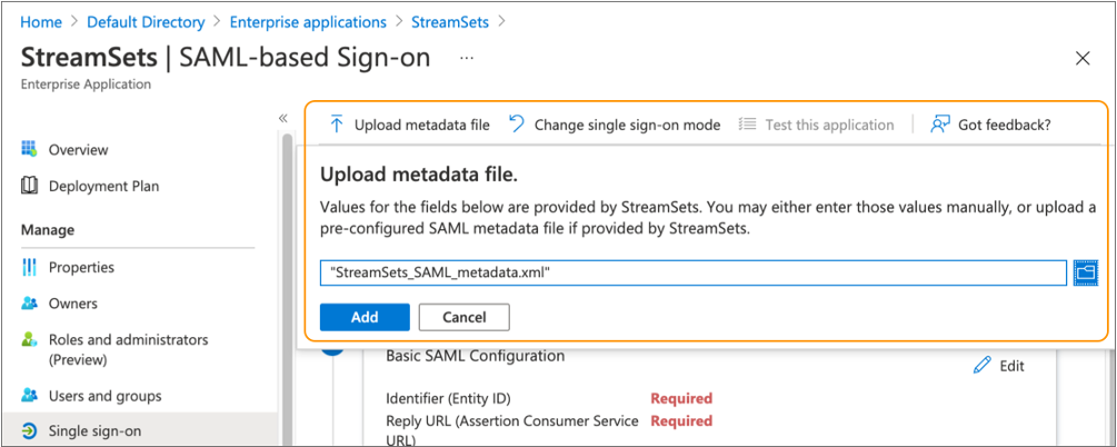 Uploading the metadata XML file