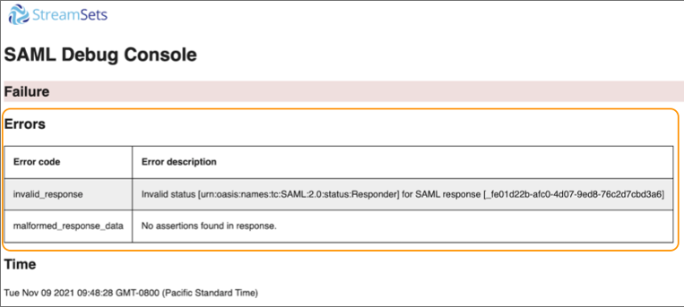 Errors displayed in the SAML Debug Console
