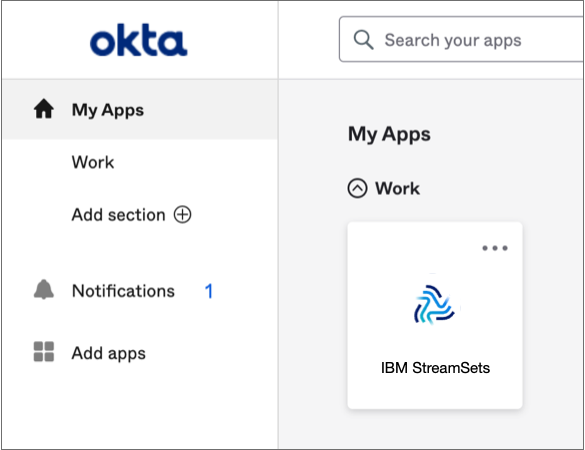 IBM StreamSets app integration icon displayed in an Okta dashboard
