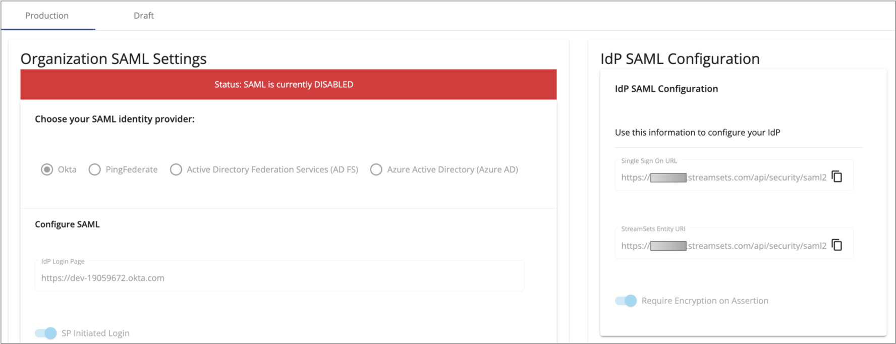 SAML production configuration that is read-only and disabled