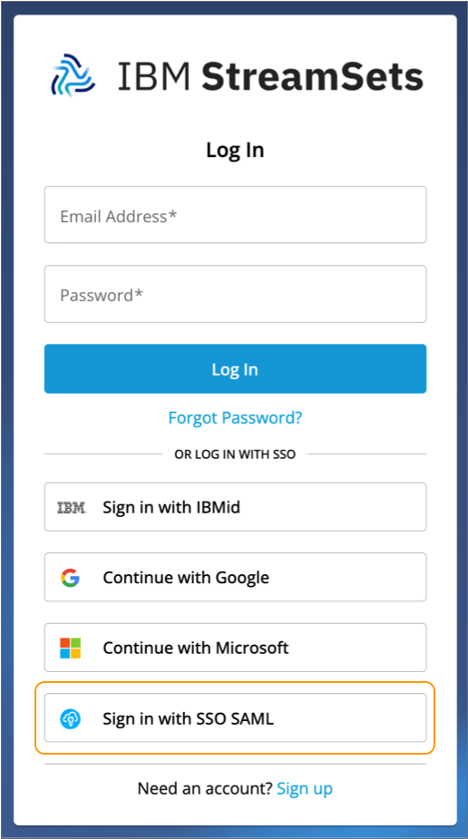 Signing in to IBM StreamSets with SSO SAML