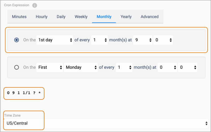 Read-only generated cron expression listed beneath the selected schedule