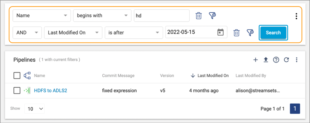 Basic search conditions defined for pipelines