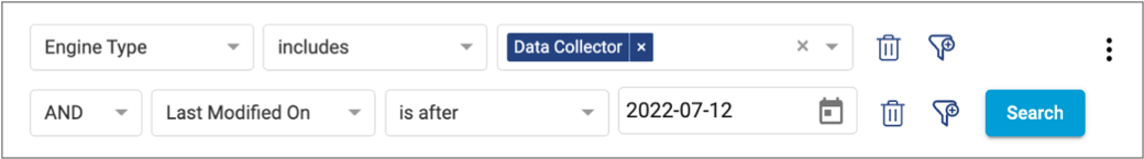Basic search finding Data Collector pipelines modified after July 12, 2022