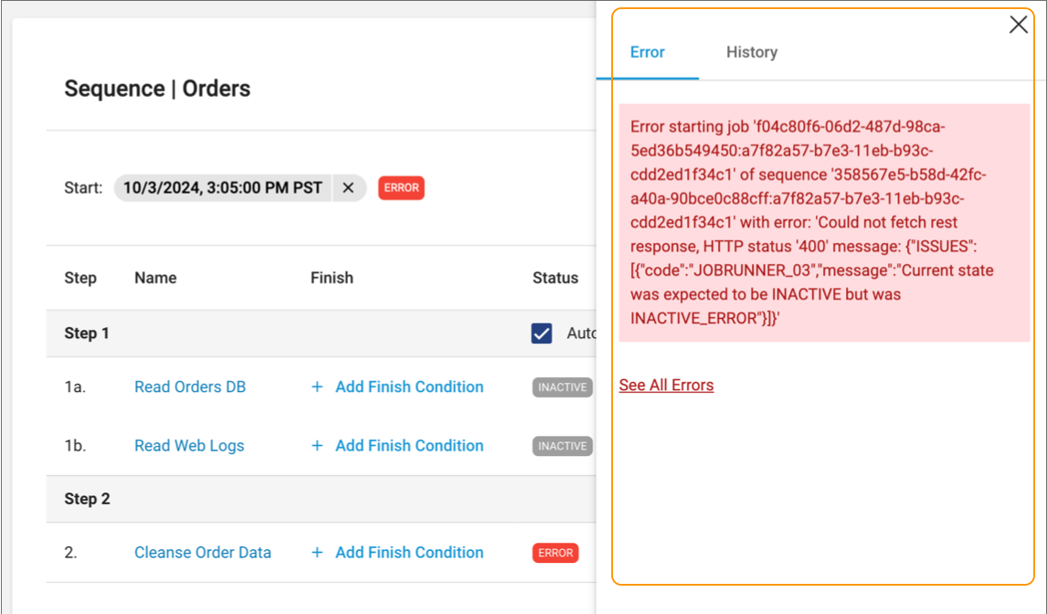 Sequence errors displayed in the side panel