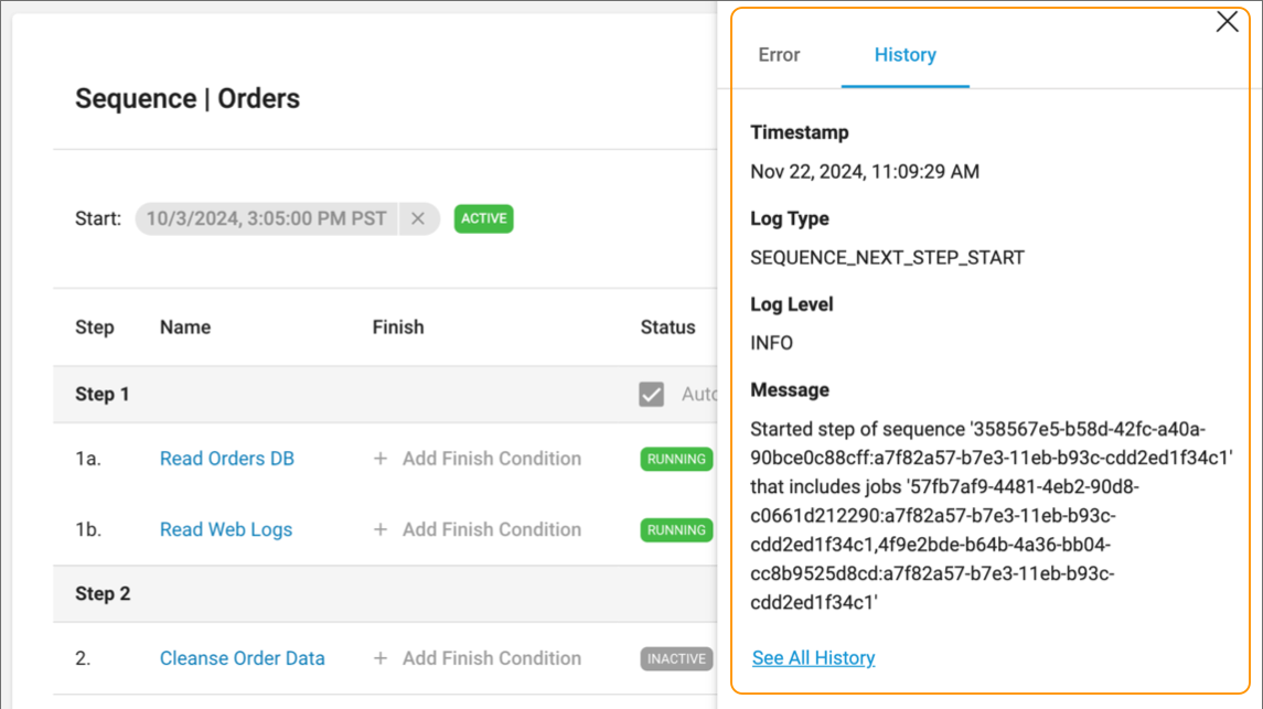 Sequence history displayed in the side panel
