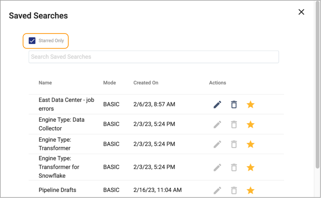 Accessing starred searches from the the Saved Searches dialog box