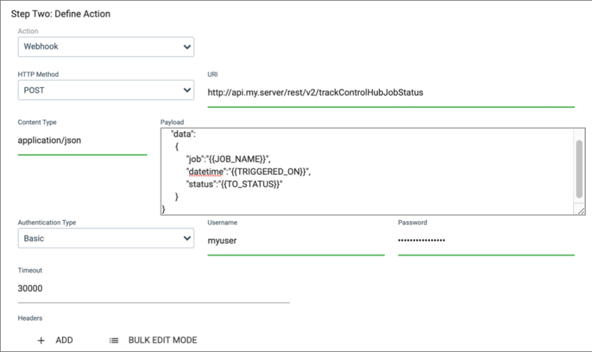 Configured API webhook action