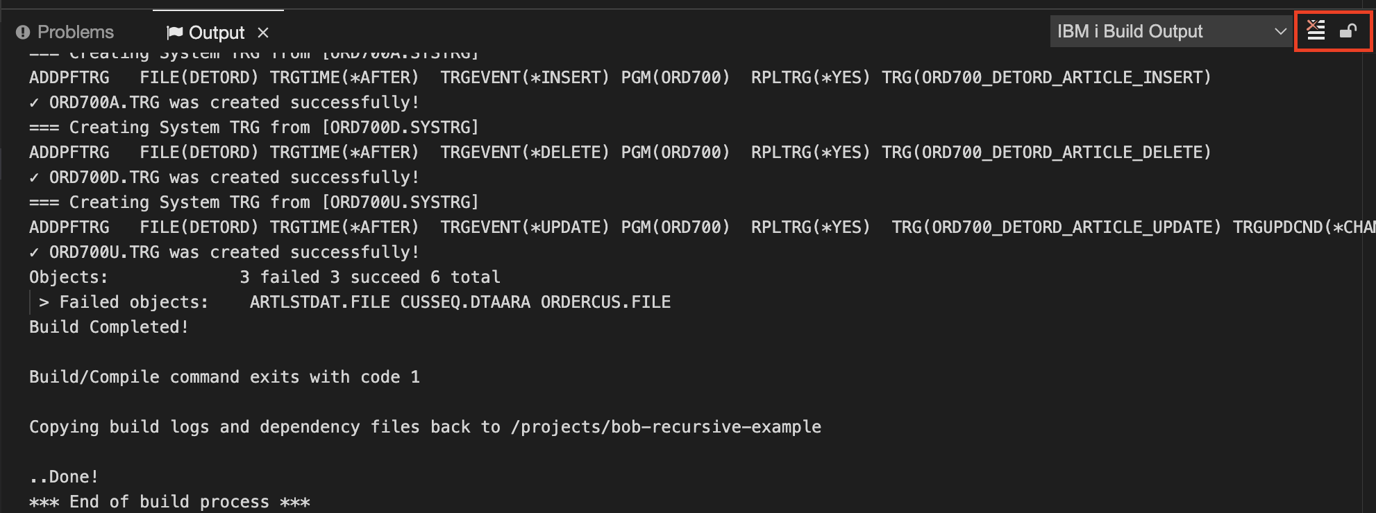 IBM i Build Output Channel Actions