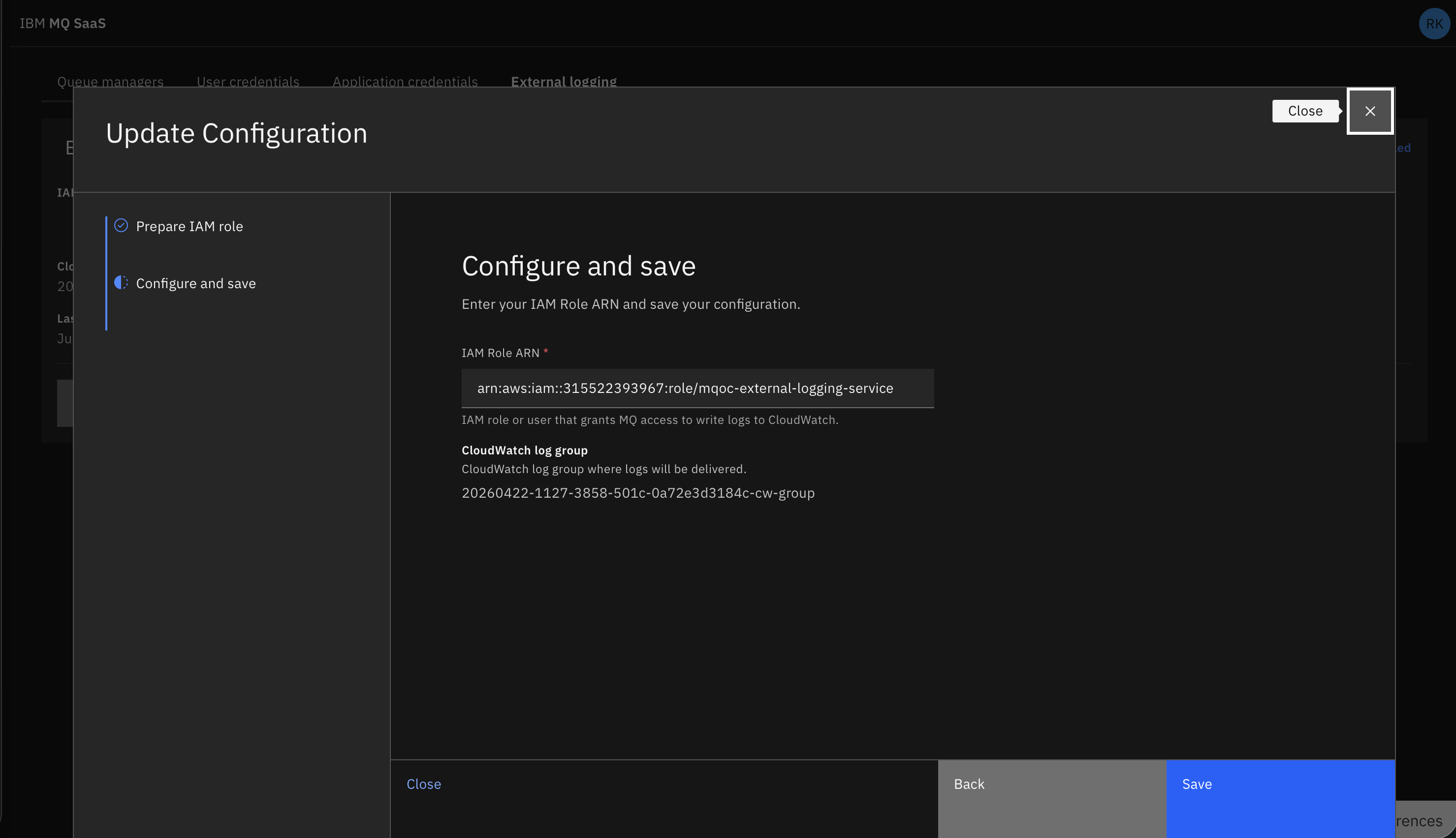 shows the configure and save window