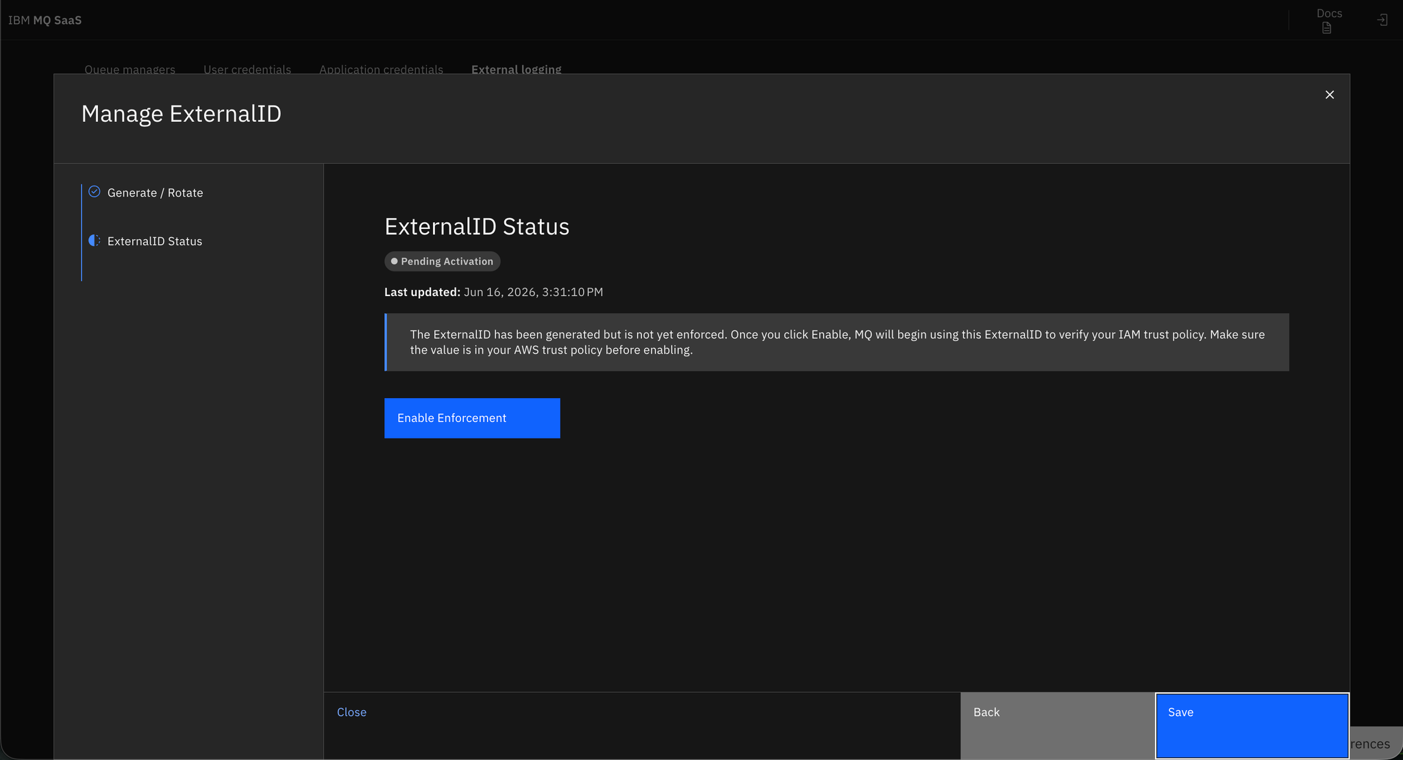 Shows how to activate the external id