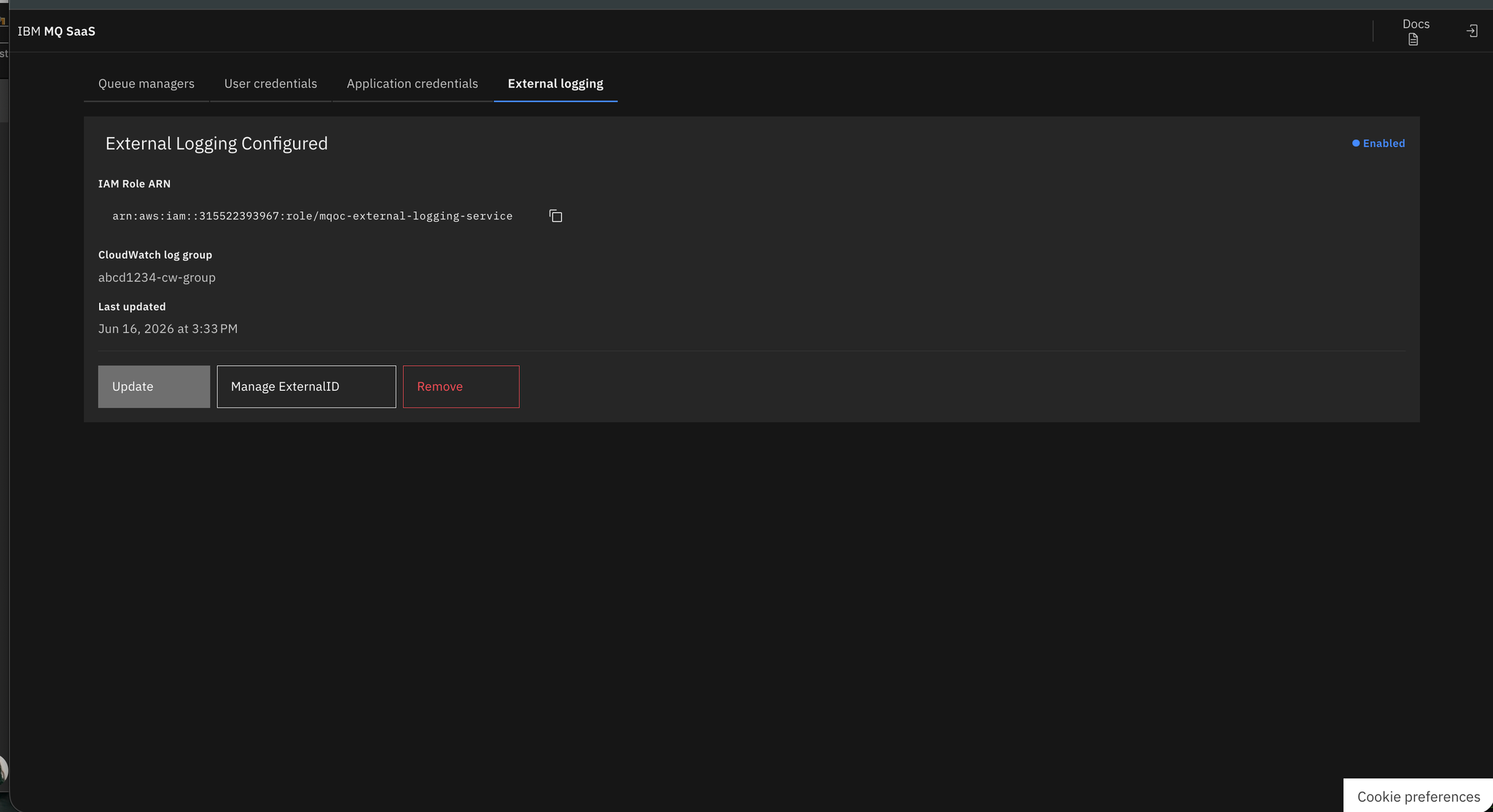 Shows the external logging configuration details
