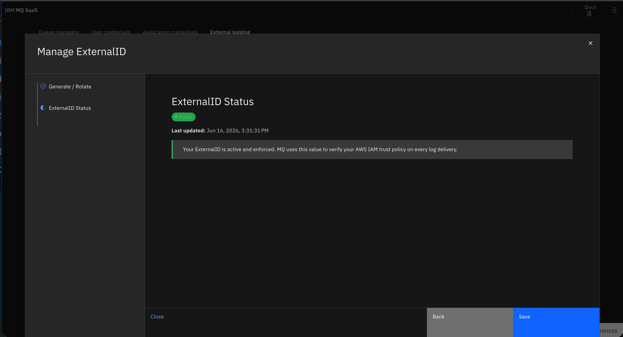 Shows the confirmation status for the External ID