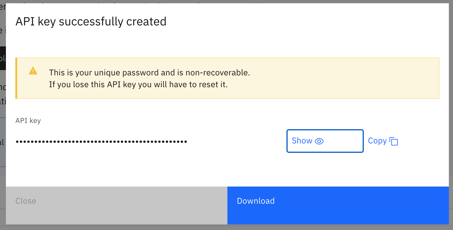 Shows the API key successfully created window