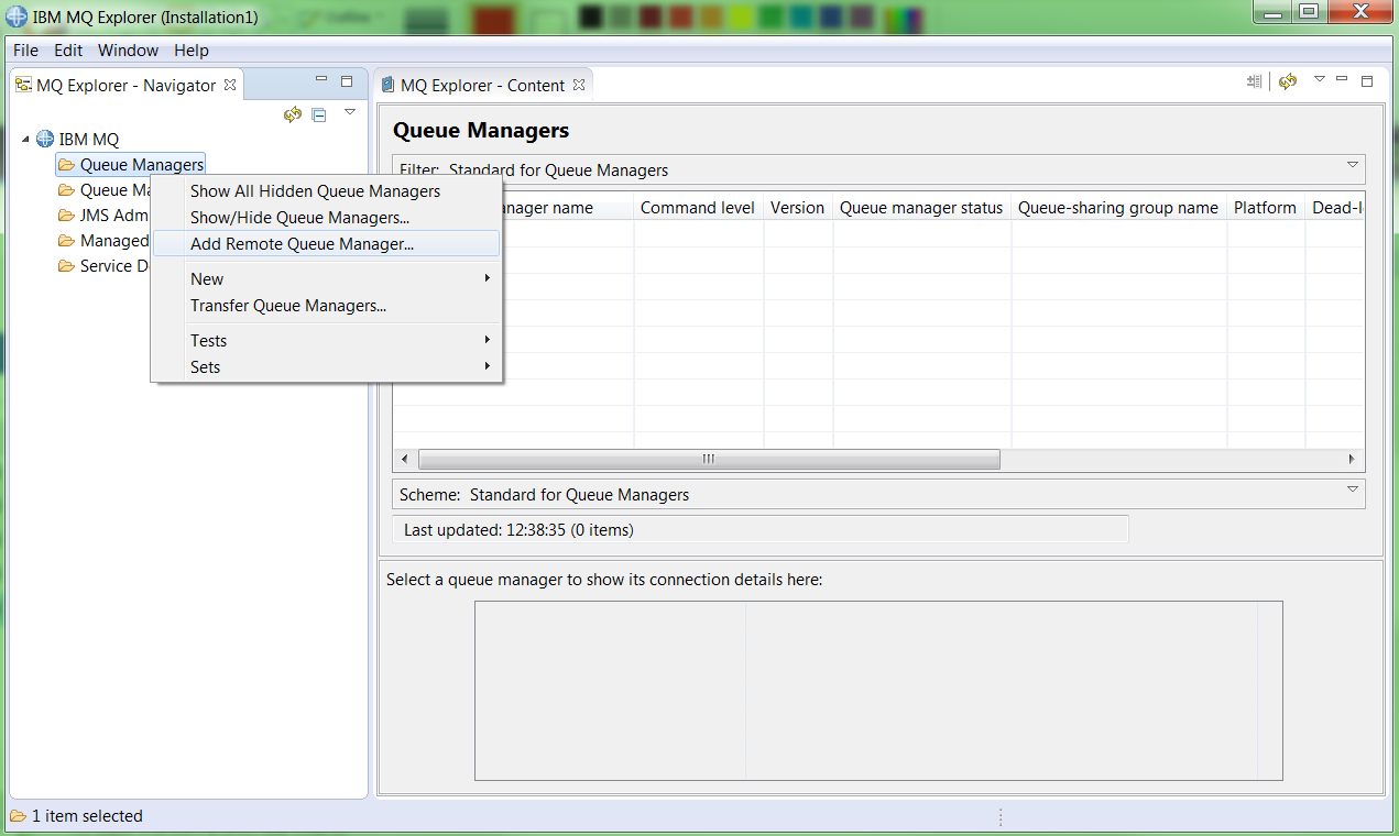 Shows the Queue Manager tab of IBM MQ Explorer