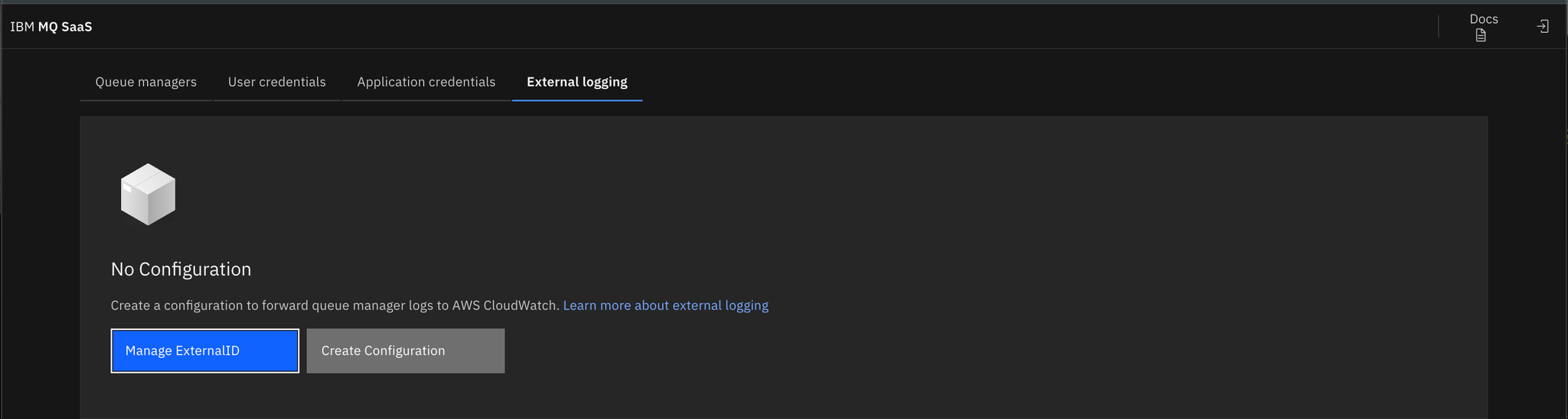 Shows the external logging tab with no logging configured