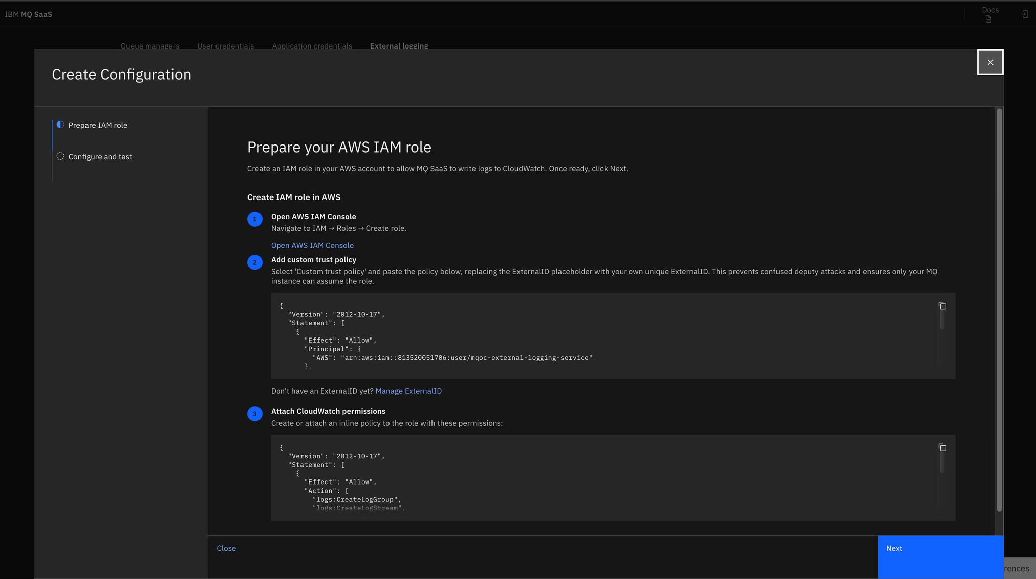 Shows the Prepare IAM role information