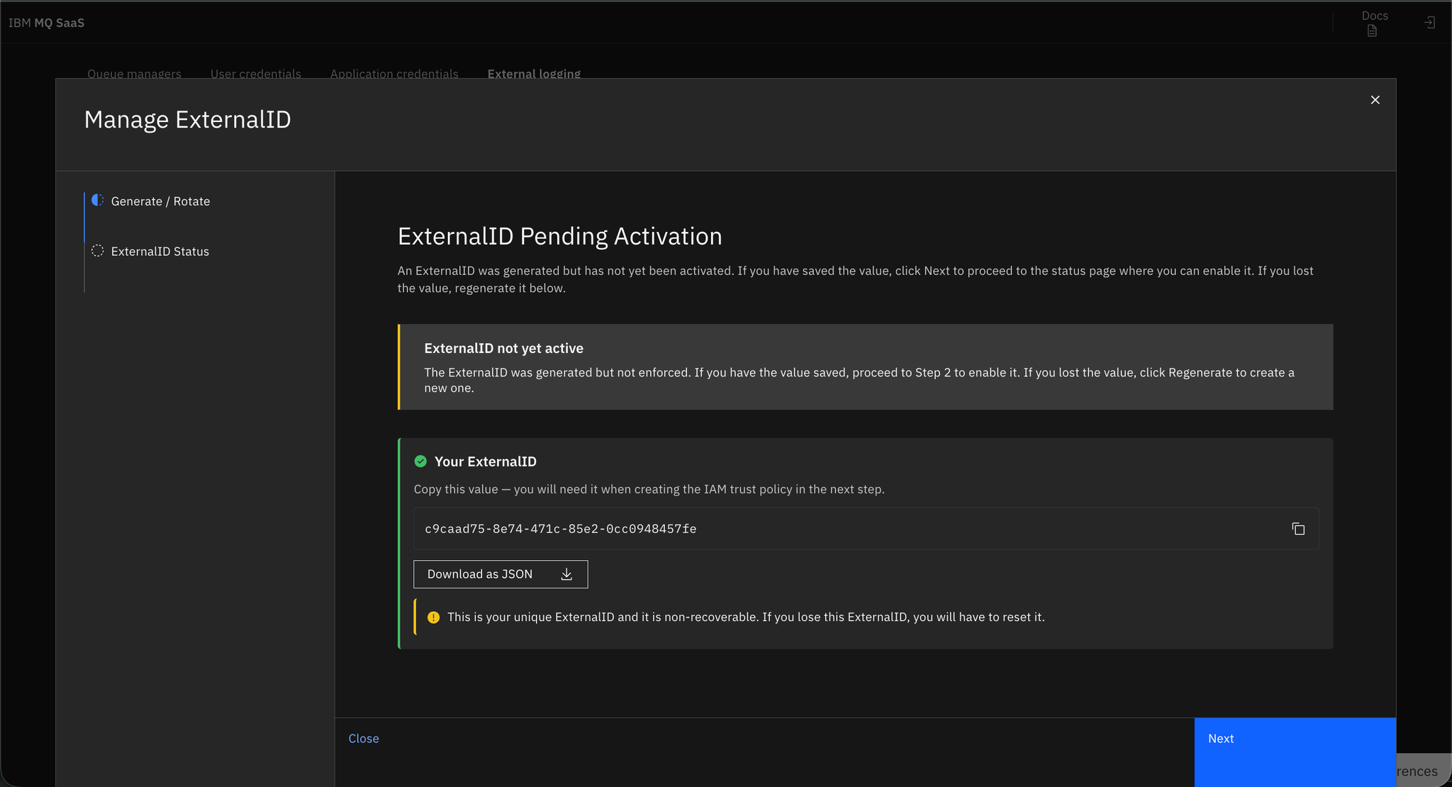 Shows the Rotate ExternaID action