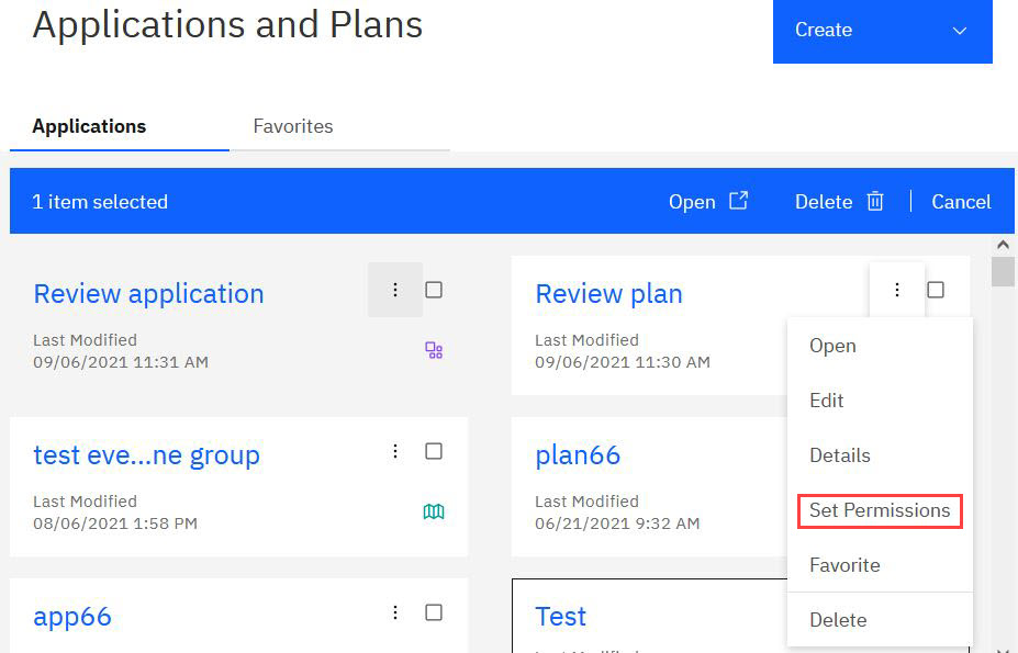 Set Permissions option on the Applications and Plans page
