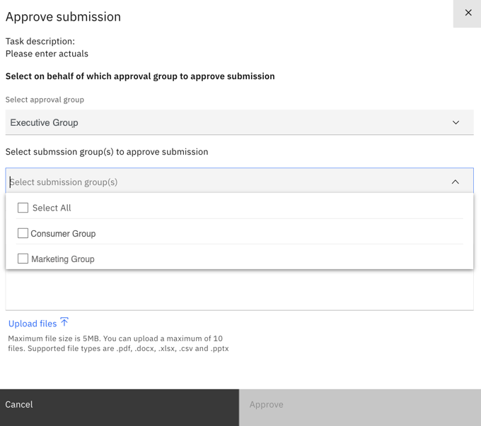 Screenshot displays options for approving a submission