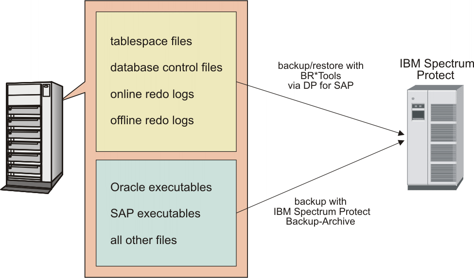 The graphic emphasizes that BR*Tools and Data Protection for SAP are used to back up and restore table spaces, control files and online and offline redo log files.