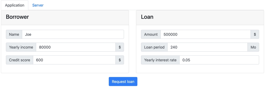 Image shows the default values in the Miniloan application.