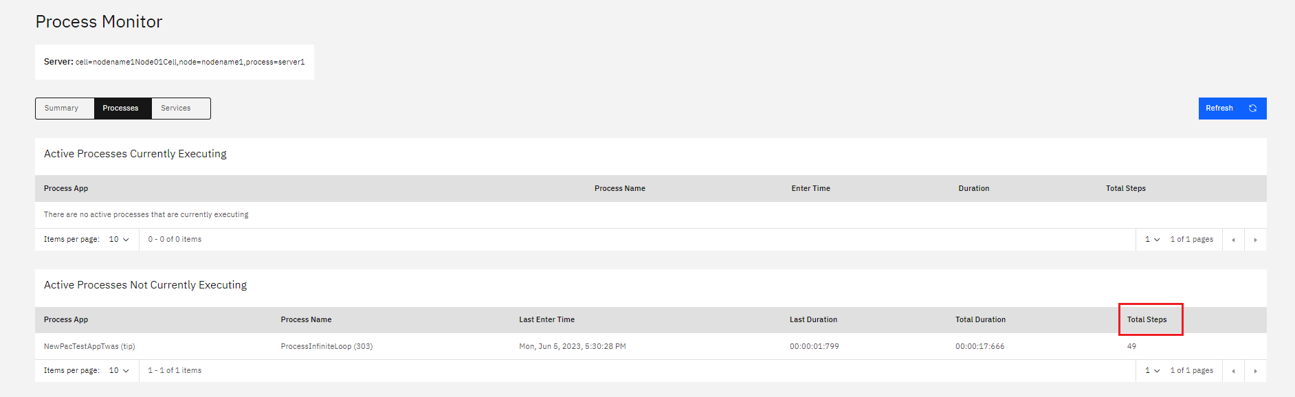 The processes page showing the number of total instances of a service in the process to be over 1000.