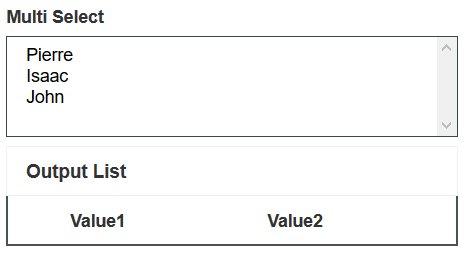 Image showing a selectable list and a table with two columns titled Value1 and Value2