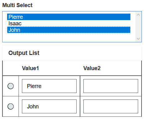 Image showing a selectable list and a table with two columns titled Value1 and Value2