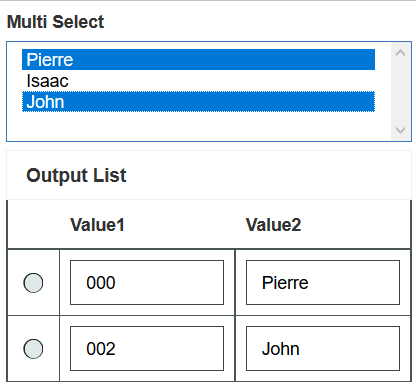 Image showing a selectable list and a table with two columns titled Value1 and Value2