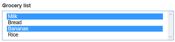 Image showing a selectable grocery list with two of the four items selected.