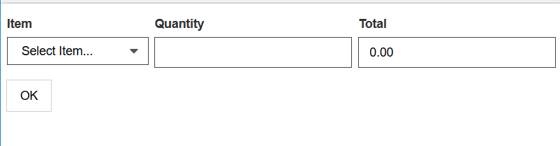 This image shows Select Item for the Item, a blank Quantity, and zero Total.