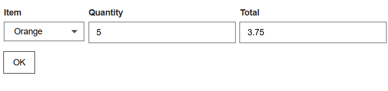 This image shows orange selected for the Item, a Quantity of five, and a Total of 3.75.