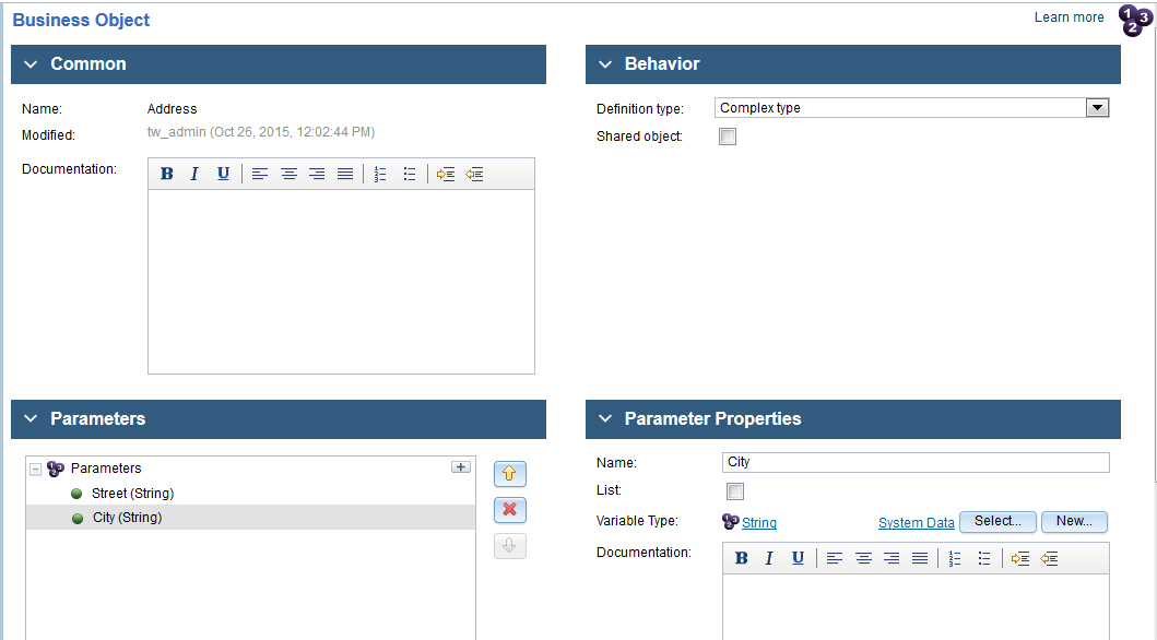 The Address business object contains two parameters: Street (String) and City (String).