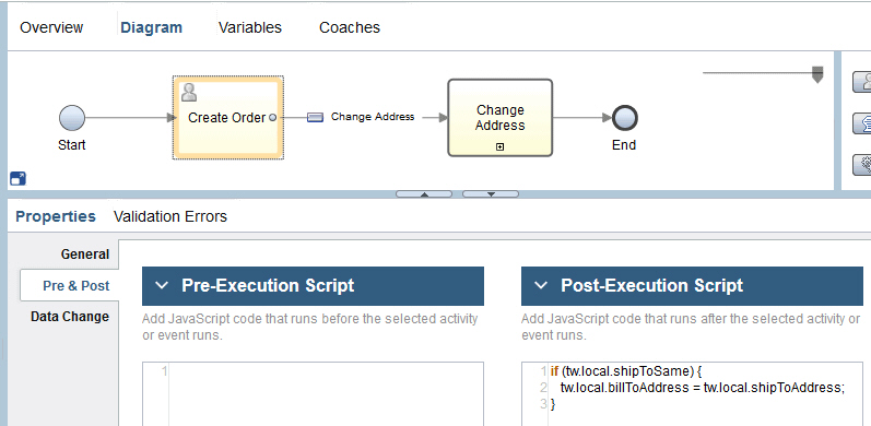 Screen capture to show the Create Order page in the Diagram view, and the Post-Execution Script next to the Pre-Execution Script.