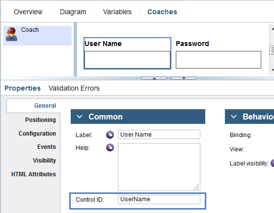 This image shows the Control ID field for a Text view labeled User Name. The default value for Control ID, Text1, has been replaced with UserName.