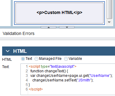 This image shows the JavaScript logic to can be used to retrieve the UserName value for the Control ID of a Text view by using page.ui.get("UserName"). The expression is set to a changeUserName variable, which changes the value to JSmith.