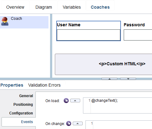 The logic to change the user name, @changeText();, is placed in the On load event of the User Name field.