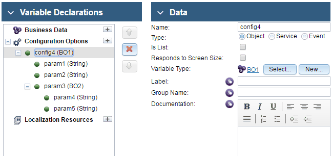 Configuration option config4 is a business object that contains three parameters. The last parameter is also a business object.