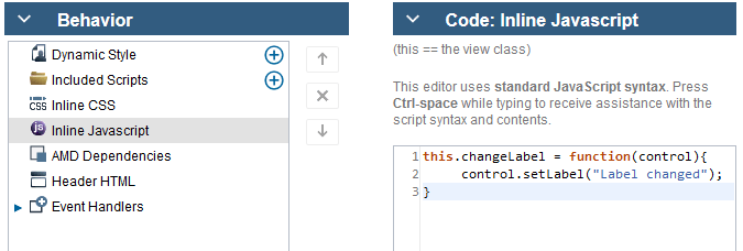 A custom function specified in the inline JavaScript uses the setLabel method.