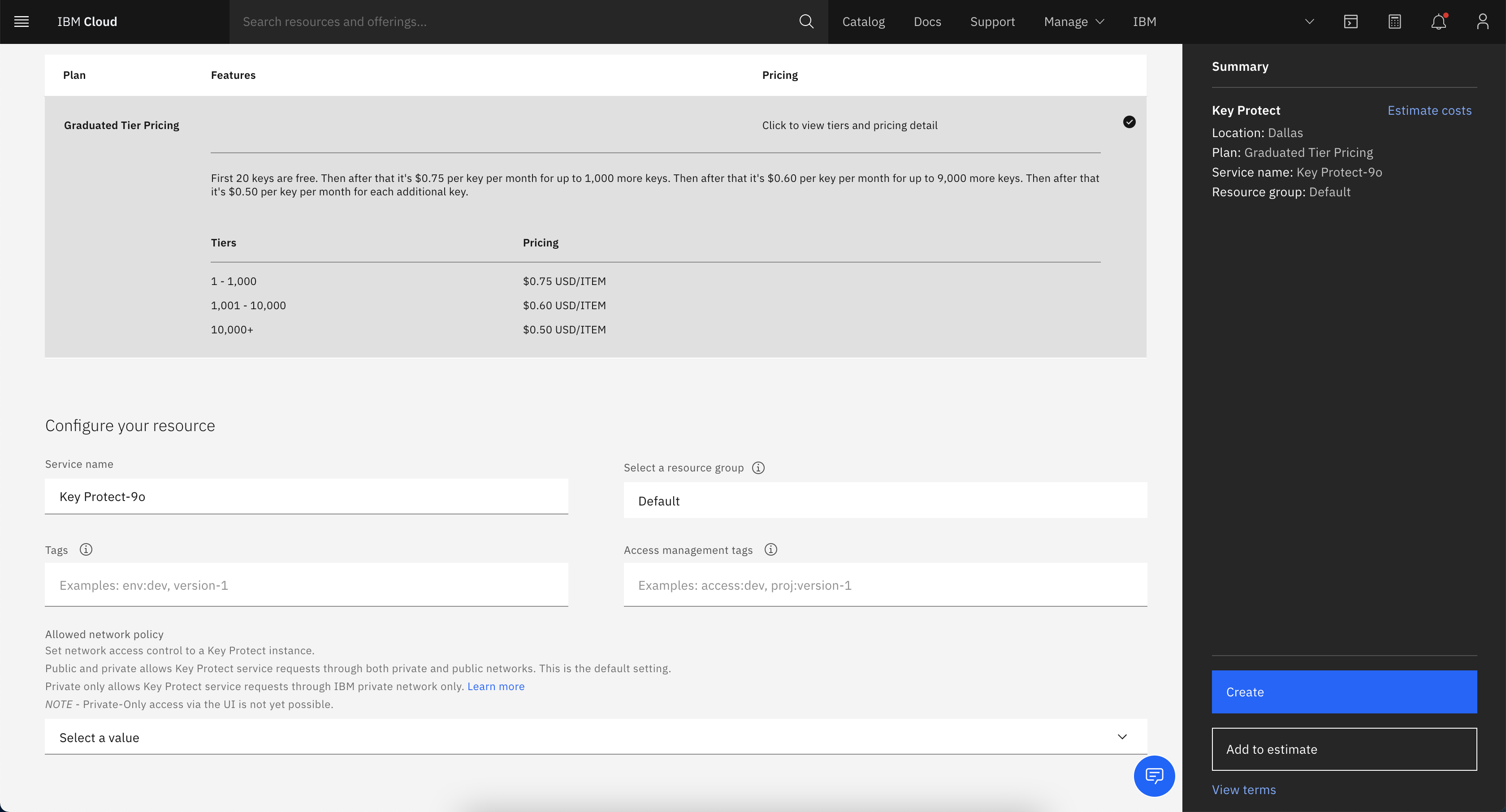 Screen capture of Key Protect service catalog page