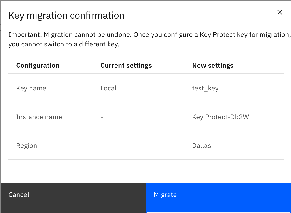 Screen capture of the MANAGE KEYS page where key migration settings are made