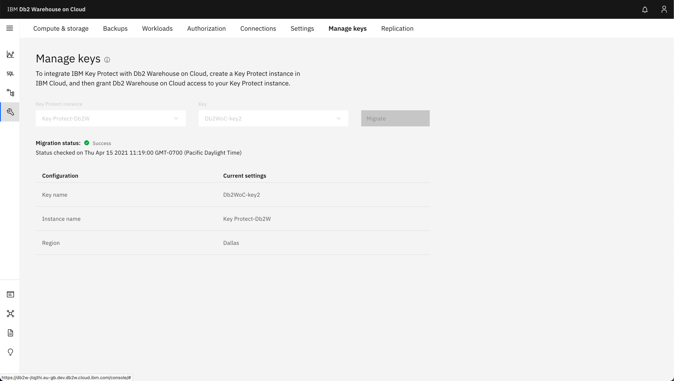 Screen capture of the MANAGE KEYS page now showing the migration status
