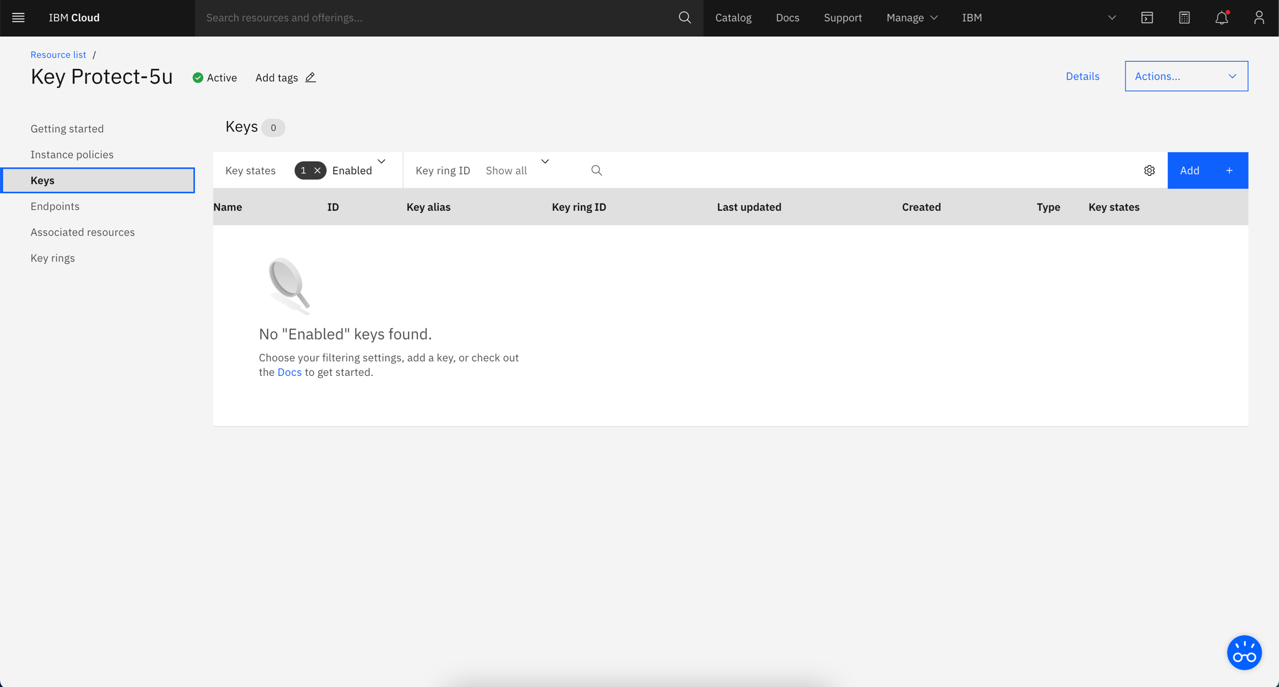 Screen capture of Key Protect Manage page