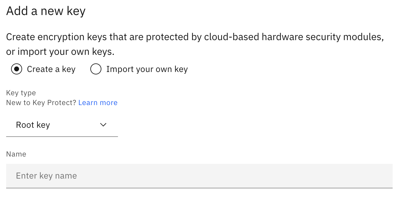 Screen capture of the Add a new key UI console