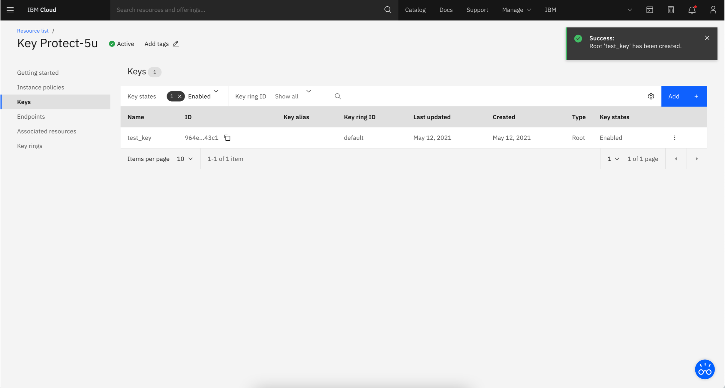 Screen capture of Key Protect dashboard