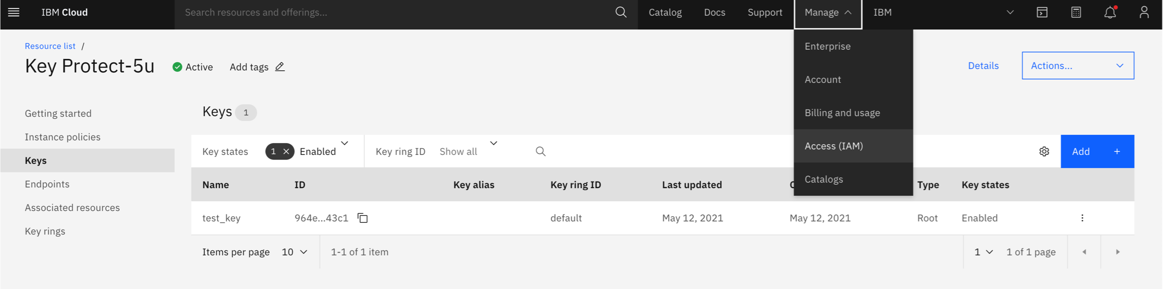 Screen capture of the Access (IAM) overview page opened from the Manage drop-down menu