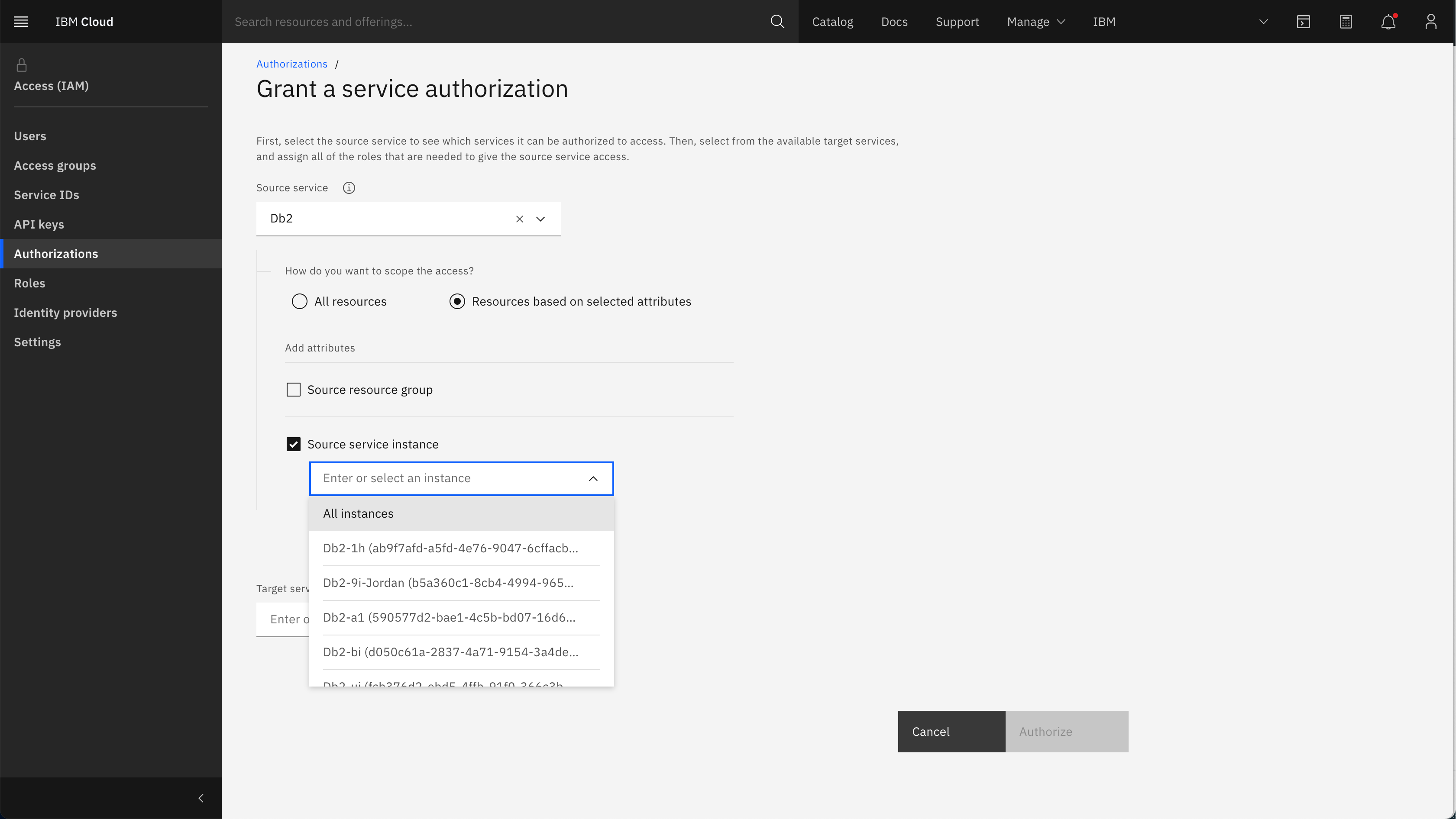 Screen capture of the Grant a Service Authorization page where source service is selected