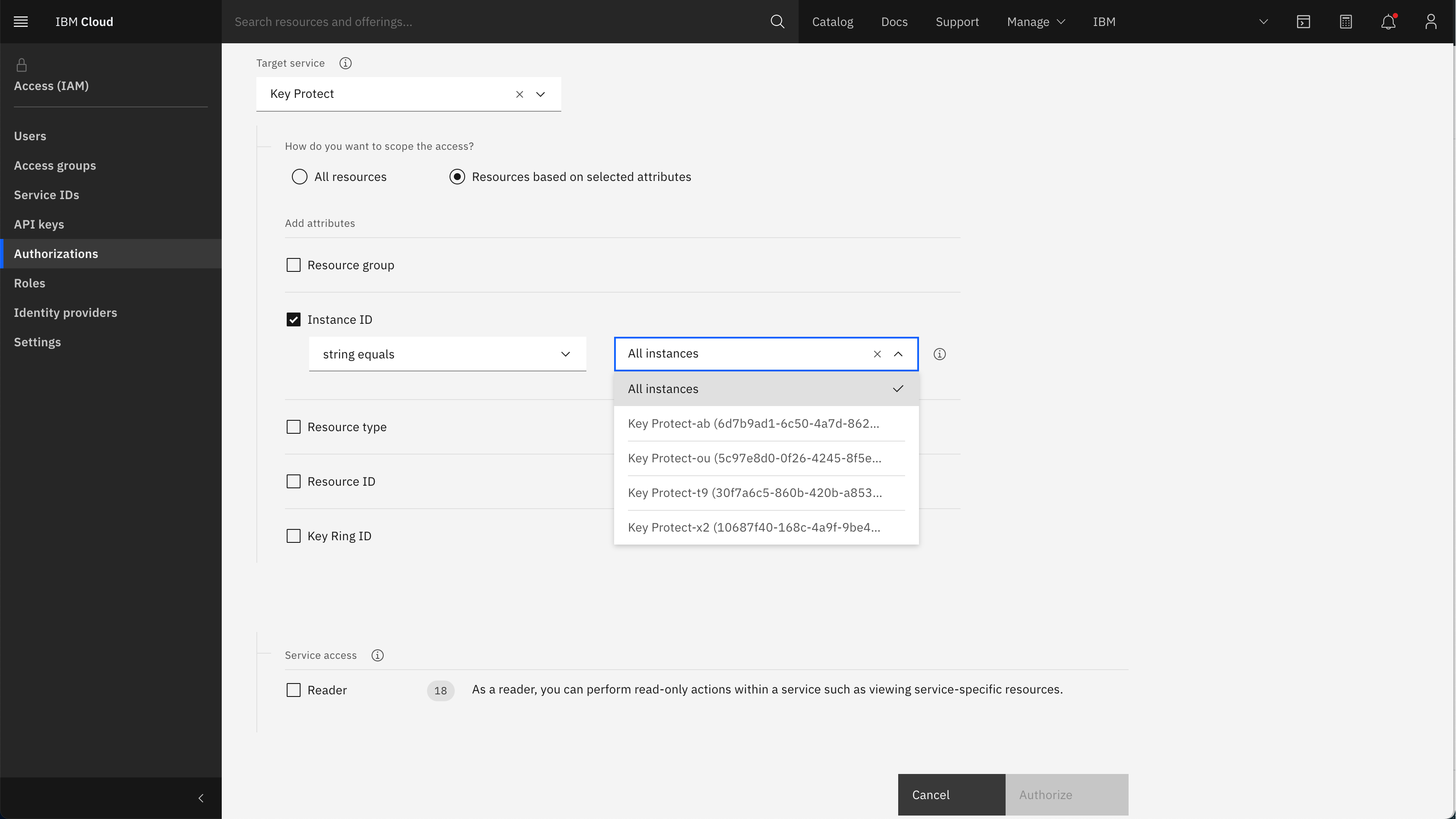 Screen capture of the Grant a Service Authorization page where target service is selected